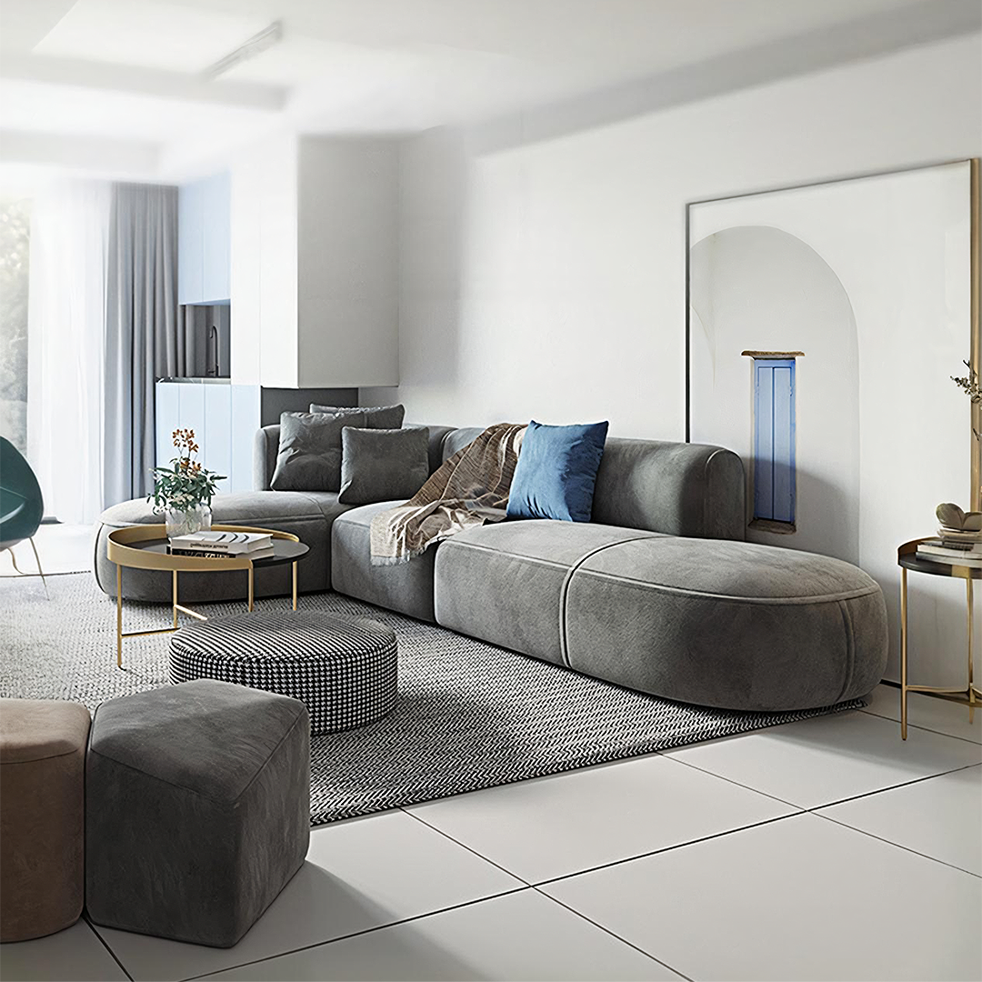 Isolde Three Seater Corner, Four Seater Corner Sofa, Grey Velvet